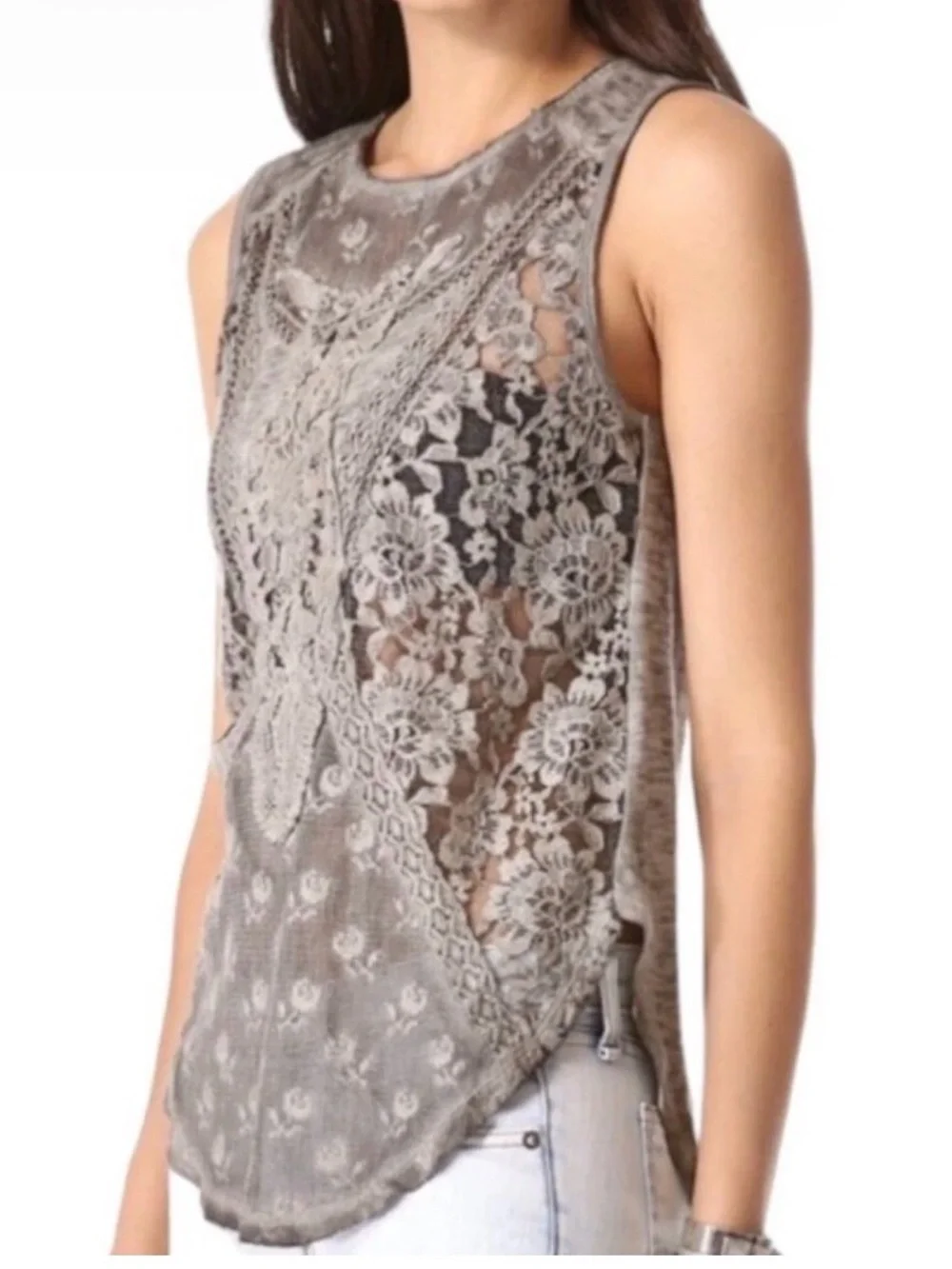 Free People Lace Overlay‎ Sleeveless Tank Top - Dark Gray - Large